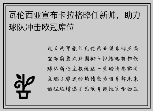 瓦伦西亚宣布卡拉格略任新帅，助力球队冲击欧冠席位