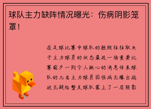 球队主力缺阵情况曝光：伤病阴影笼罩！
