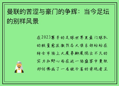 曼联的苦涩与豪门的争辉：当今足坛的别样风景