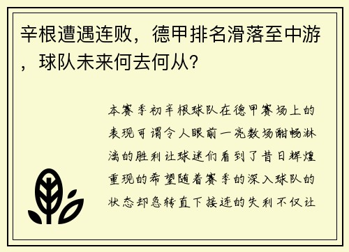 辛根遭遇连败，德甲排名滑落至中游，球队未来何去何从？