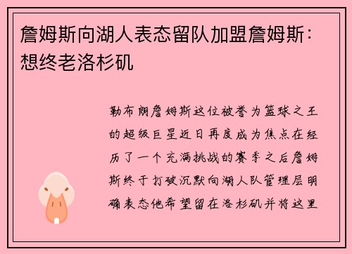 詹姆斯向湖人表态留队加盟詹姆斯：想终老洛杉矶