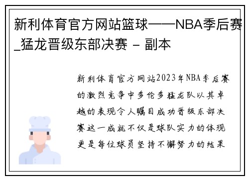新利体育官方网站篮球——NBA季后赛_猛龙晋级东部决赛 - 副本