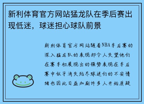 新利体育官方网站猛龙队在季后赛出现低迷，球迷担心球队前景