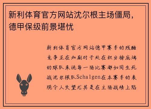 新利体育官方网站沈尔根主场僵局，德甲保级前景堪忧